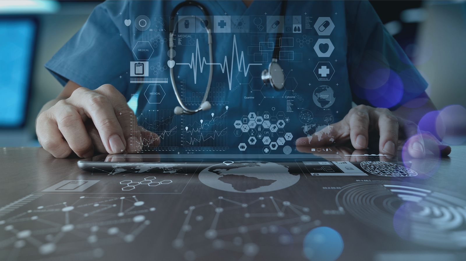 Doctor taping on screen with healthcare and tech icons shows while using House Call The App software